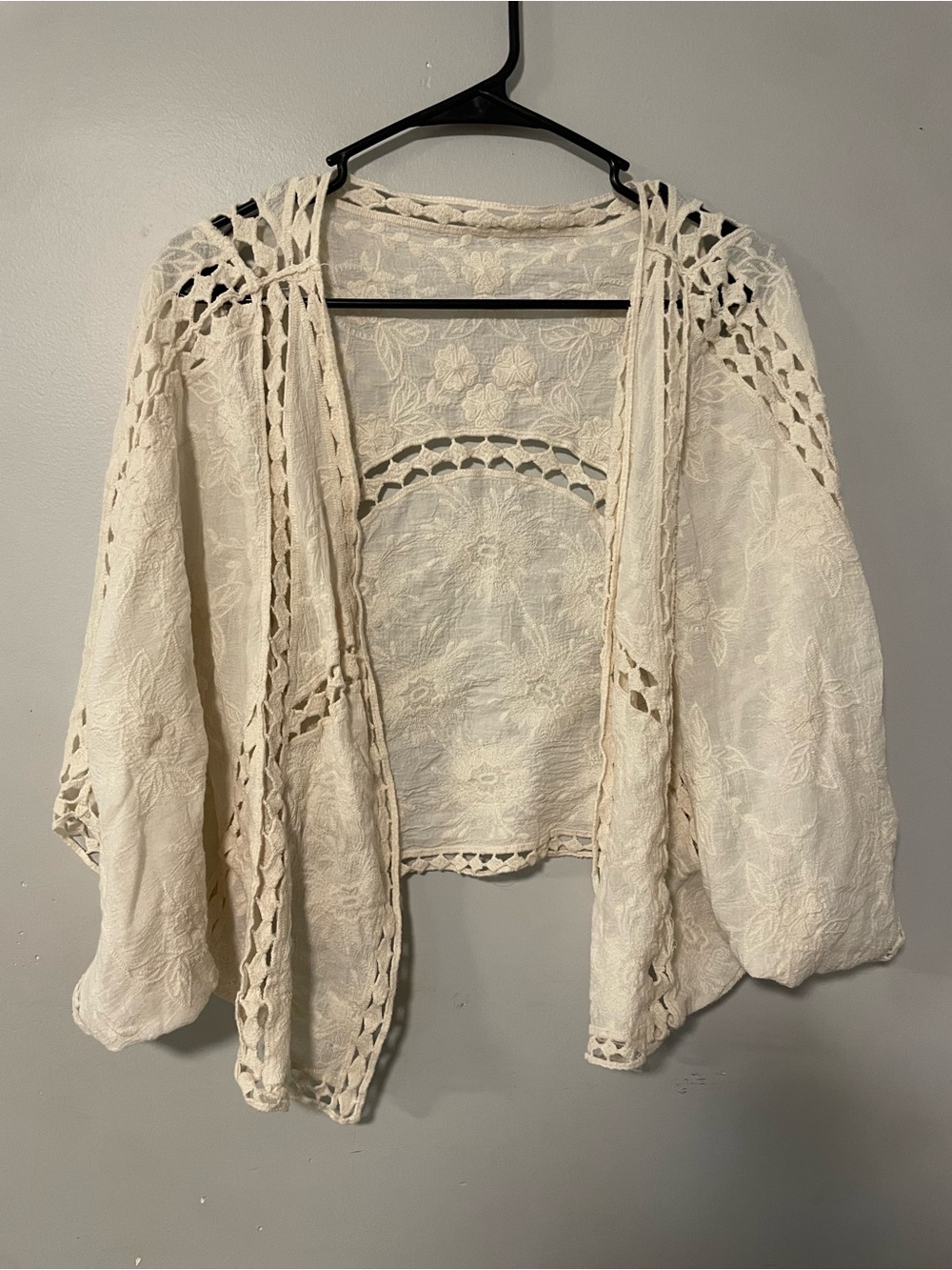 Open-Front Cream Boho Cottagecore Crochet Lace Women's Sweater 100% Cotton